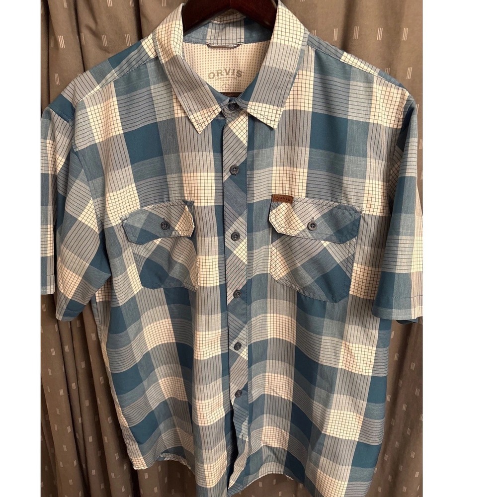 Orvis Mens Blue Plaid Short Sleeve Button Up Shirt Classic Collection Large
